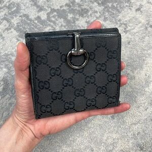 Vintage Gucci Monogram GG Bifold Wallet Black Canvas Metal Clasp Horsebit